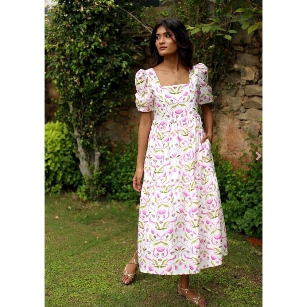 Monsoon and Beyond Estella Midi‎ Dress Size Medium Mangrove Pink Floral Handmade